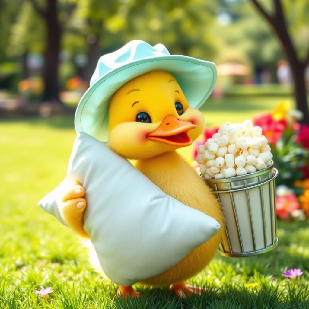 A whimsical scene featuring a cute yellow duck wearing a light blue hat, looking cheerful