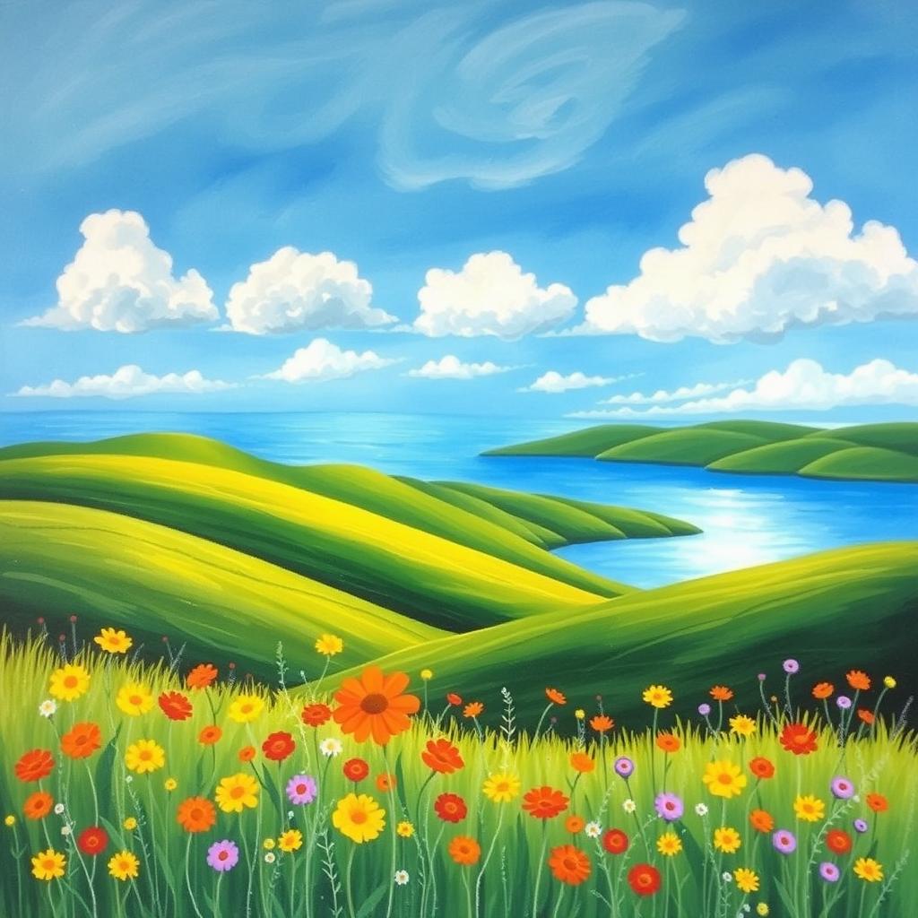 A beautiful, serene painting of a tranquil landscape featuring rolling green hills, a shimmering lake, and a bright blue sky dotted with fluffy white clouds
