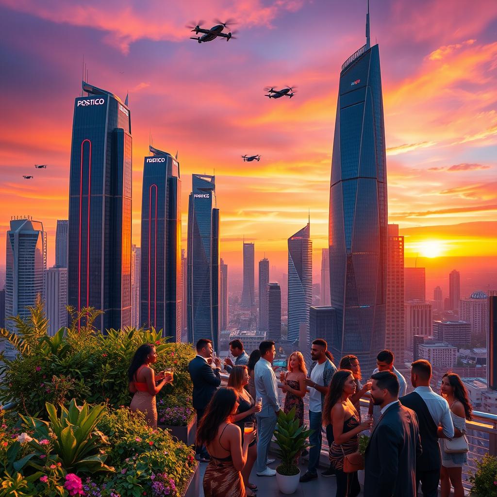 A futuristic cityscape at sunset, showcasing tall skyscrapers with neon lights and flying vehicles