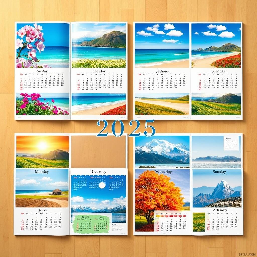 A beautifully arranged 2025 calendar, featuring vibrant and colorful designs for each month