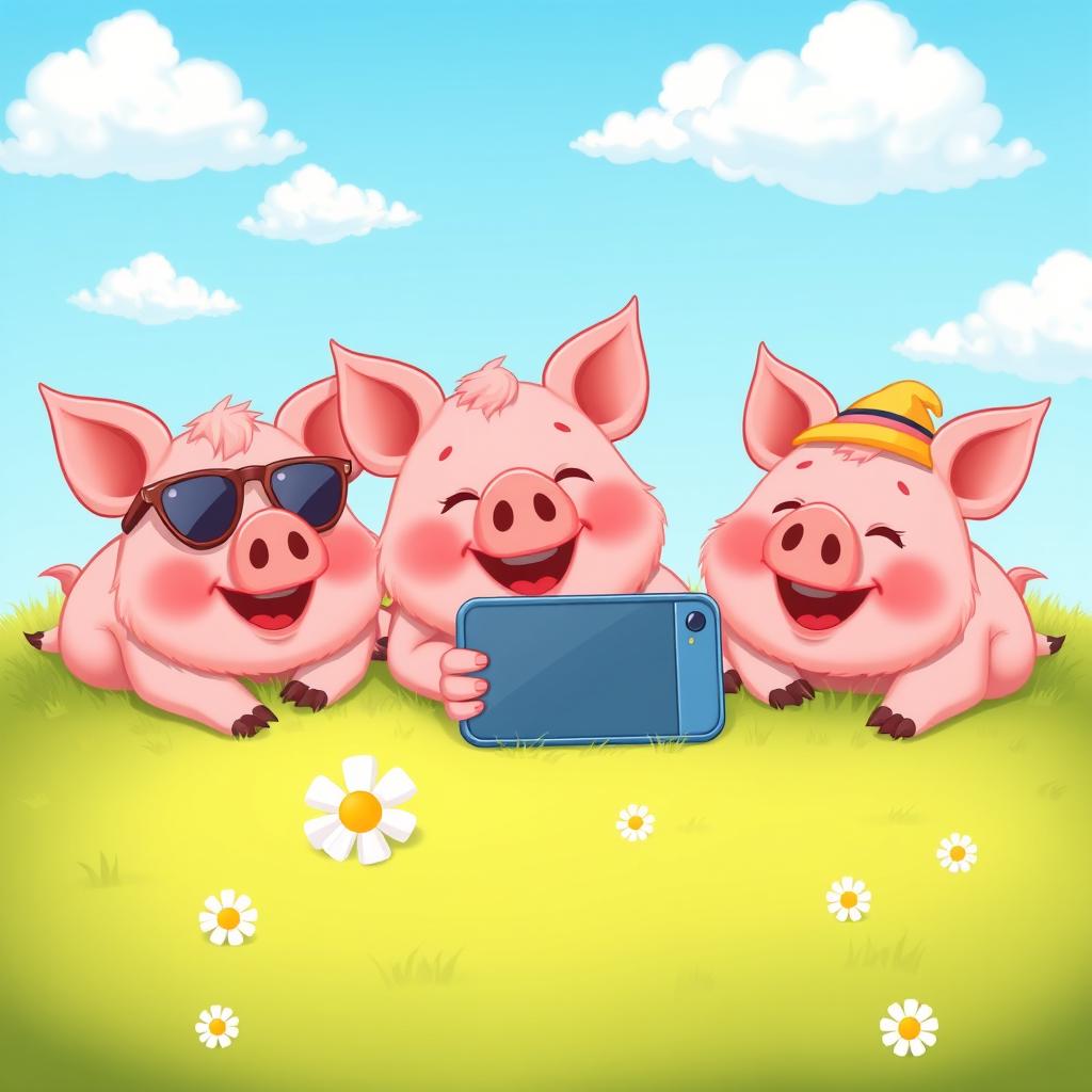 Three adorable, cartoon-style pigs lying on a soft green grass field, smiling joyfully as they take a selfie with a smartphone