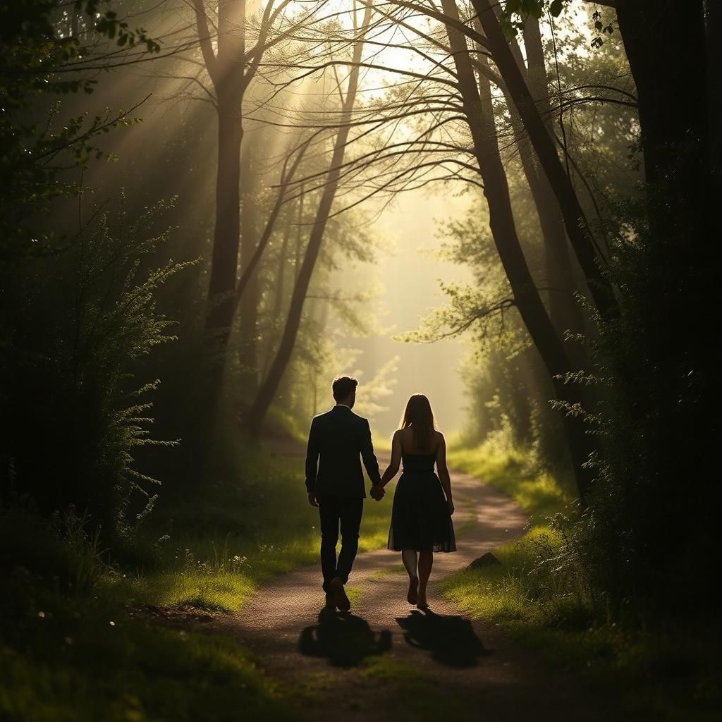 A hauntingly beautiful scene showcasing two silhouettes of a young couple walking hand in hand down a serene natural trail