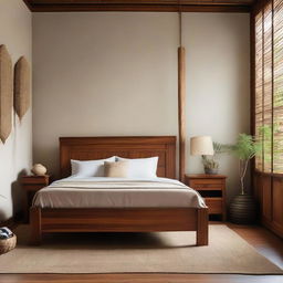 Display an image of a serene bedroom with a Javanese craft teakwood cot bed and a chair made of teakwood, set against a tranquil backdrop.