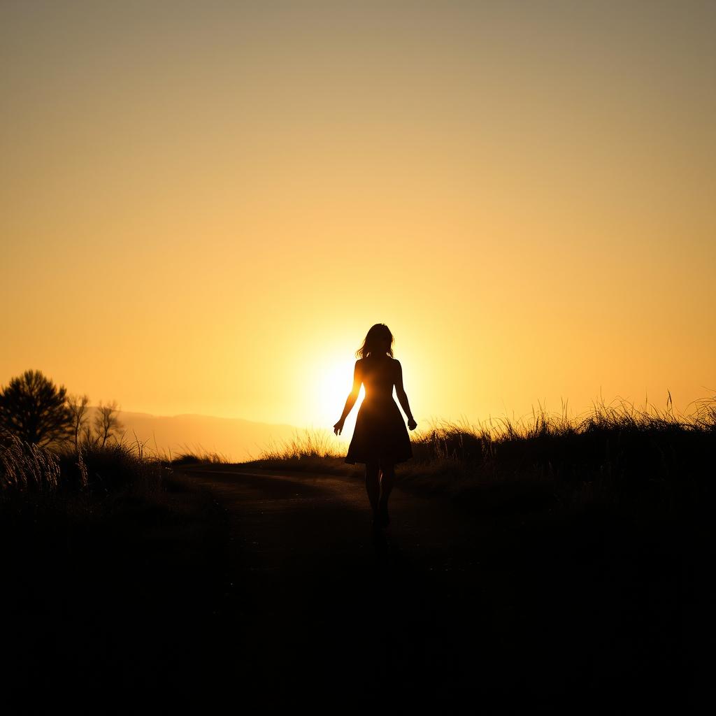 A poignant scene depicting the silhouettes of a young couple walking hand in hand down a trail, fading into the distance as if they're turning into ghosts
