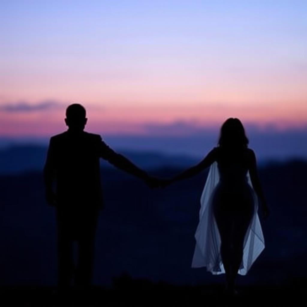 Two silhouettes walking hand in hand into the distance, appearing ethereal and partially transparent like ghosts, blending softly with a dreamy landscape