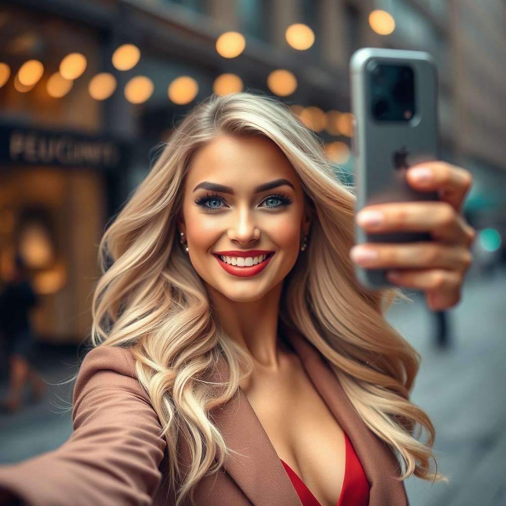 A glamorous blonde woman taking a selfie, showcasing her radiant smile and stylish outfit