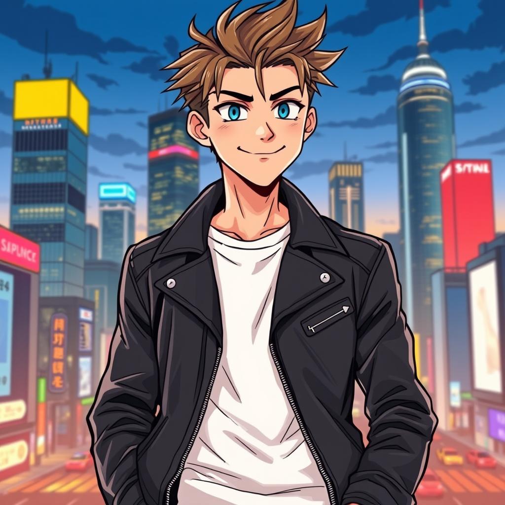 A manhwa-style character portrait of a confident young man with stylish, tousled hair and piercing blue eyes