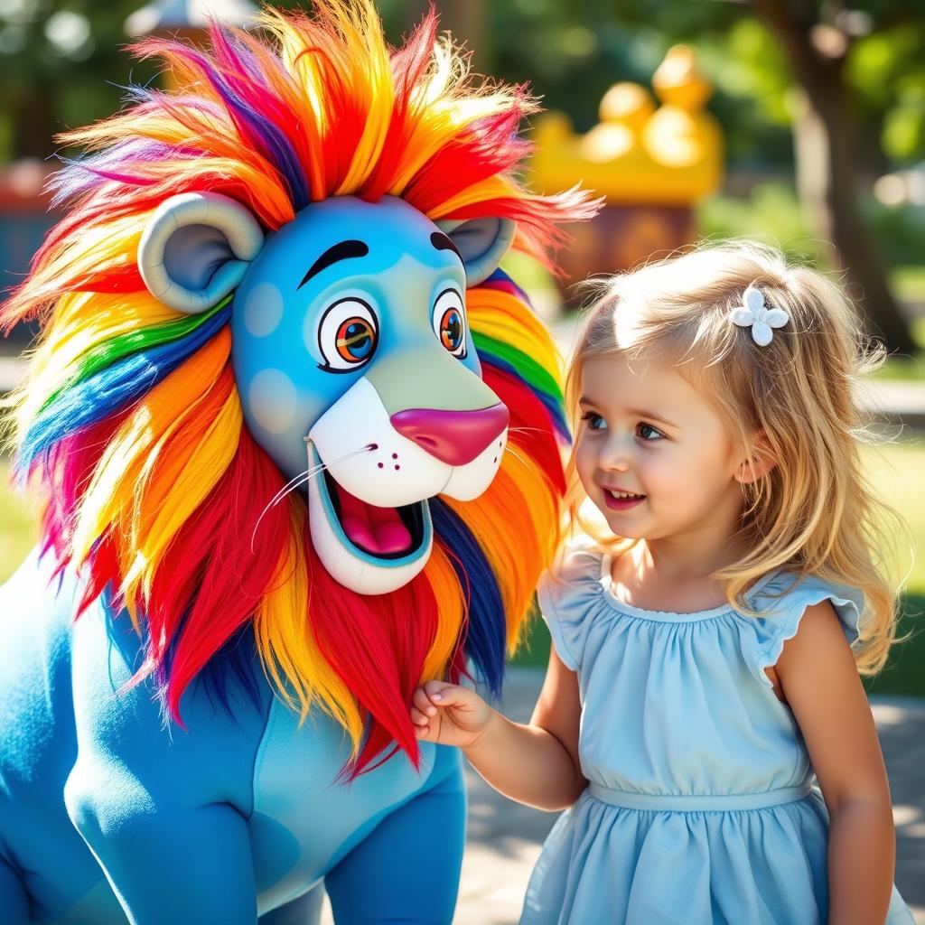 A colorful lion with vibrant, multicolored mane and a blue body, playfully talking to a 4-year-old girl