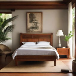 Display an image of a serene bedroom with a Javanese craft teakwood cot bed and a chair made of teakwood, set against a tranquil backdrop.