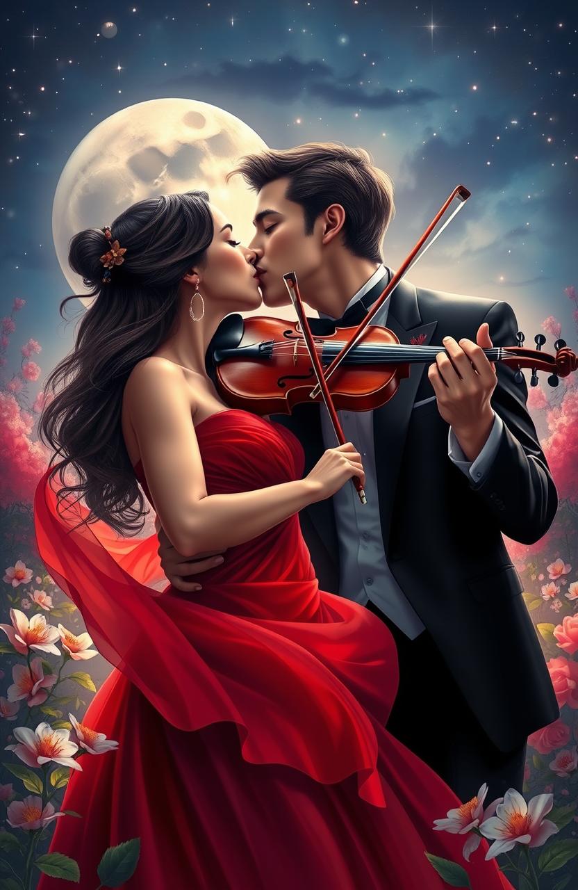 A romantic scene featuring a passionate kiss between a skilled violinist and a beautiful woman