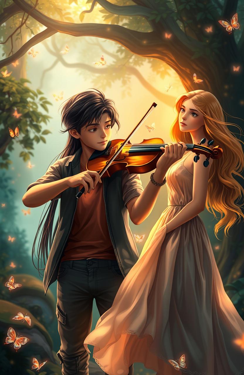 A young violinist passionately playing his violin, surrounded by a beautiful ethereal setting