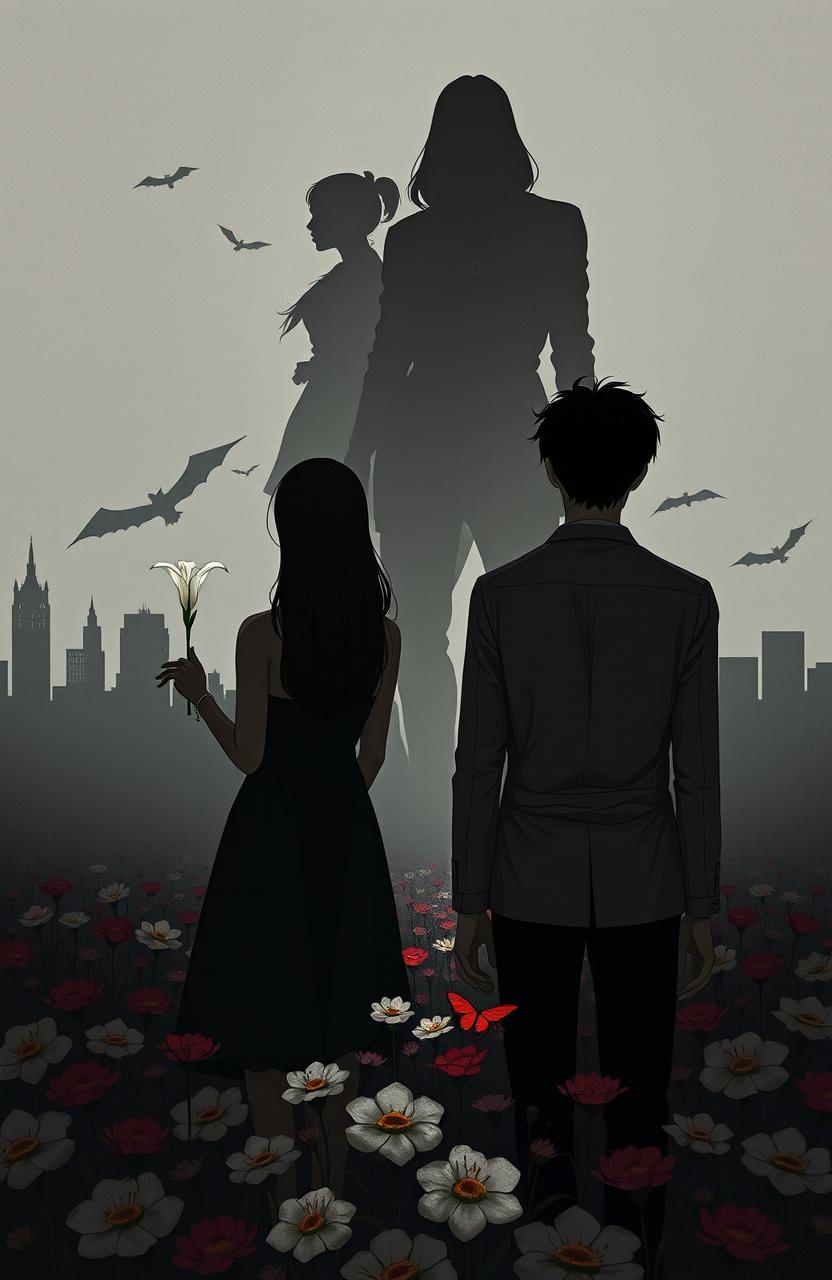 An illustration featuring muted and dark tones—grays, blacks, and dark red hues—with soft, dim lighting to symbolize the connection between the protagonists