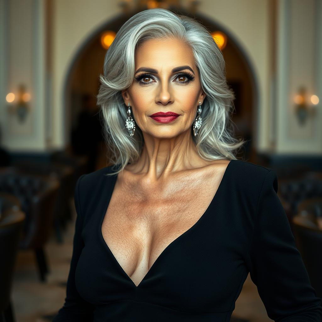A glamorous 70-year-old woman exuding confidence, dressed in stylish black pantyhose and elegant high heels