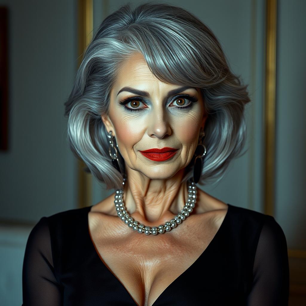 A glamorous 70-year-old woman with striking silver hair, exuding a strict and dominant aura
