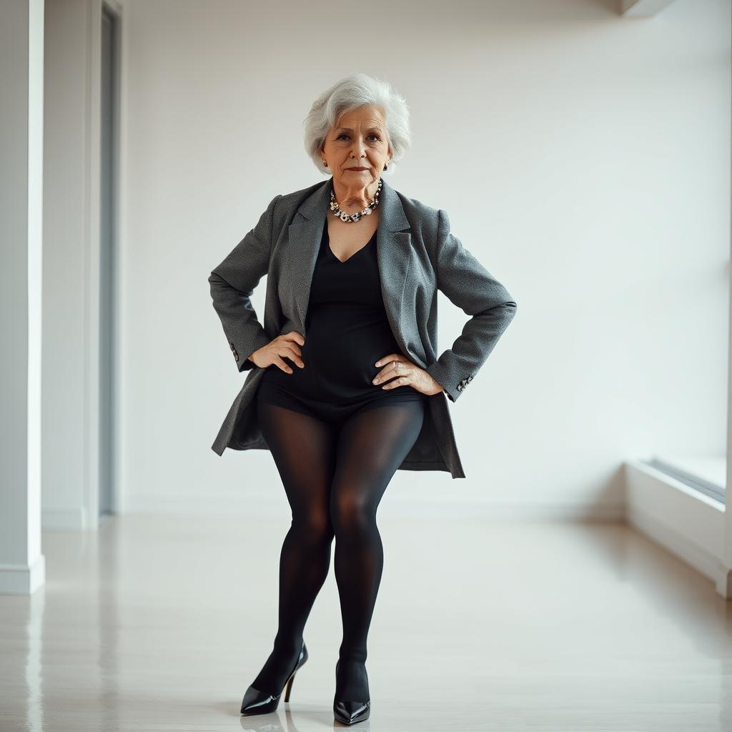 A glamorous 70-year-old woman exuding an air of strictness and dominance, dressed in elegant black pantyhose and stylish heels