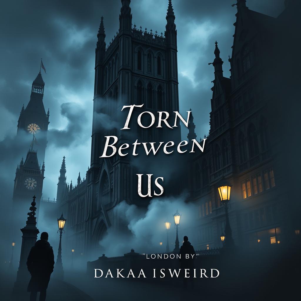 A captivating book cover for 'Torn Between Us' by DakotaIsWeird, set in a dark, atmospheric London cityscape