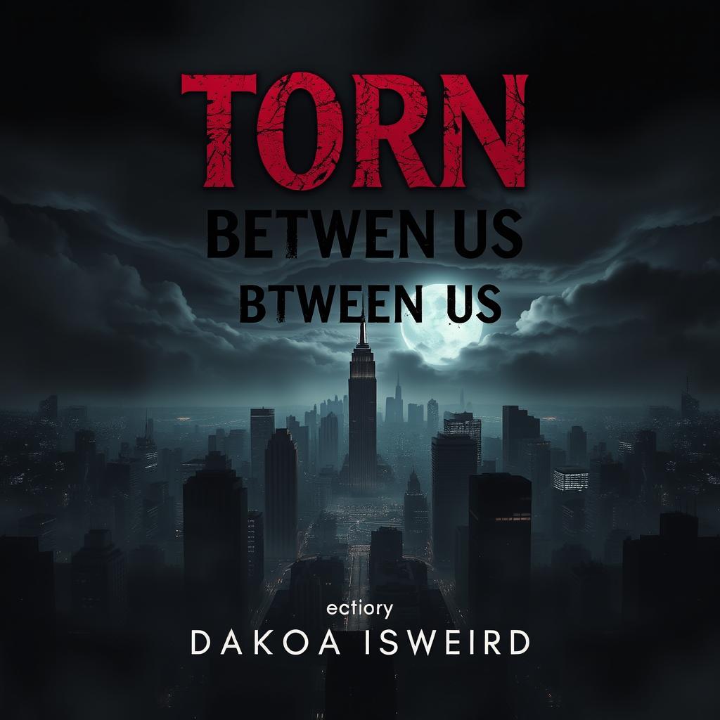 A striking book cover for 'Torn Between Us' by DakotaIsWeird, showcasing a dark, moody cityscape