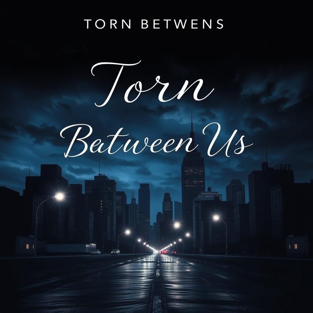 A visually striking book cover for 'Torn Between Us', featuring a dark cityscape that captures the essence of mystery and tension