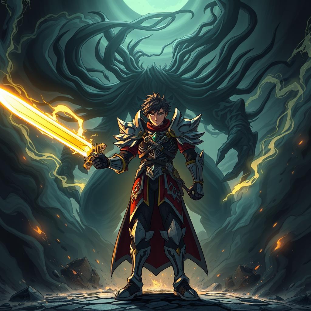 A dynamic illustration inspired by the webtoon Solo Leveling, featuring a powerful protagonist standing confidently in the foreground