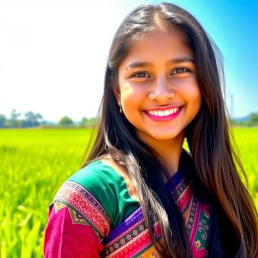 A portrait of a beautiful Bangladeshi girl, showcasing her traditional attire, which includes a colorful saree with intricate patterns
