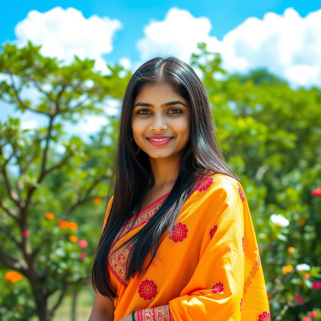 A portrait of a beautiful Bangladeshi girl with long, dark hair, wearing a traditional saree that gracefully drapes around her
