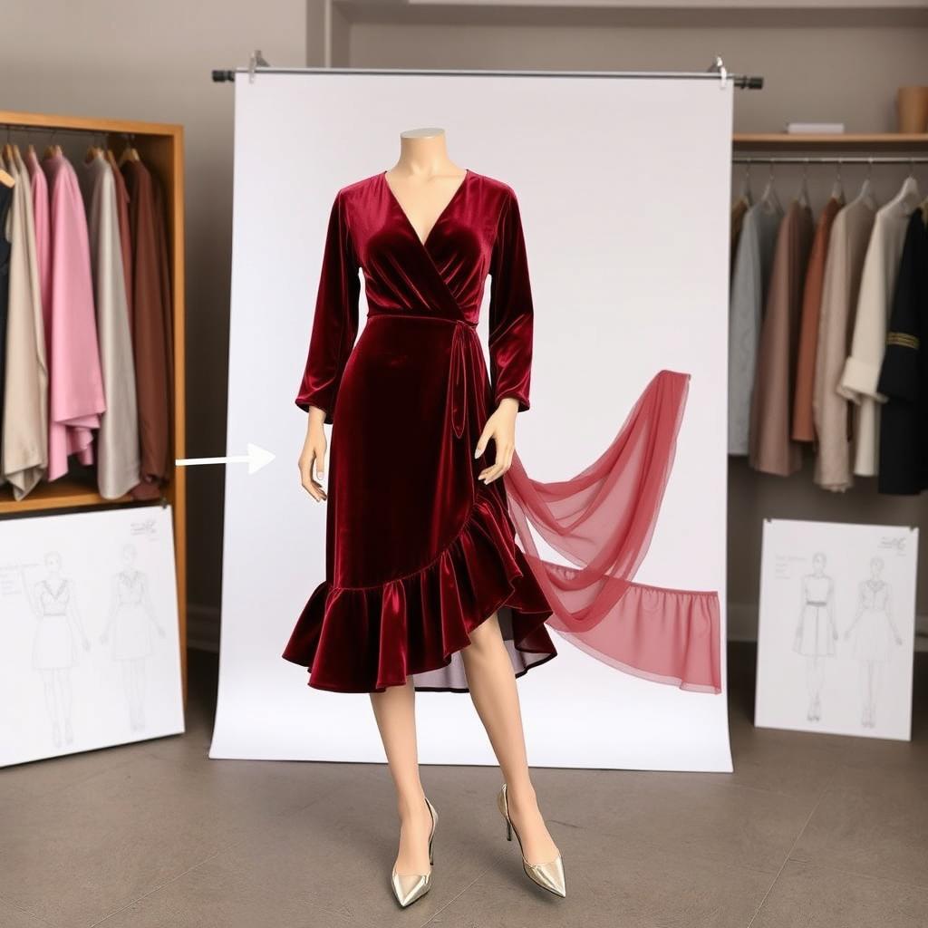 A stylish and elegant transformation of a short, straight, above-the-knee, full-length velvet dress into a midi or knee-length dress
