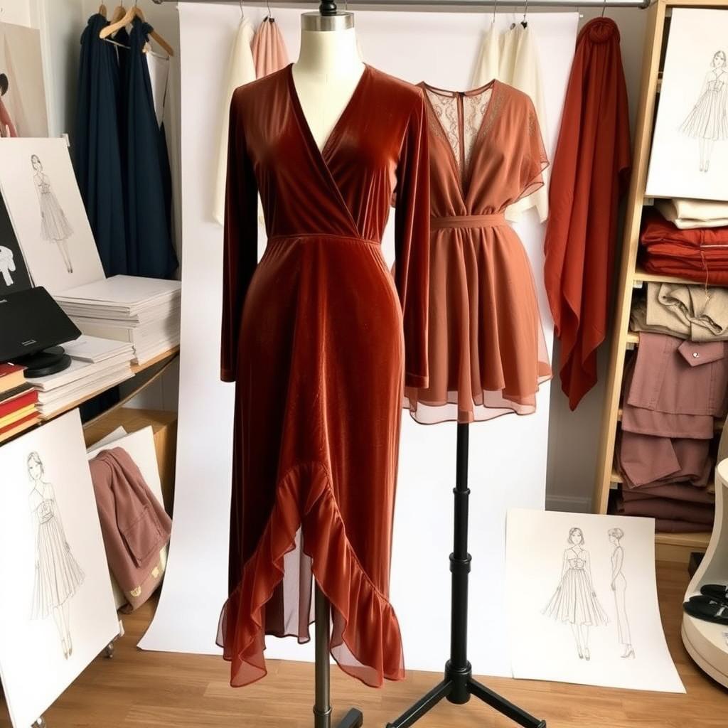A creative and stylish modification of a short, straight, above-the-knee, full-length brown velvet dress into a midi or knee-length dress