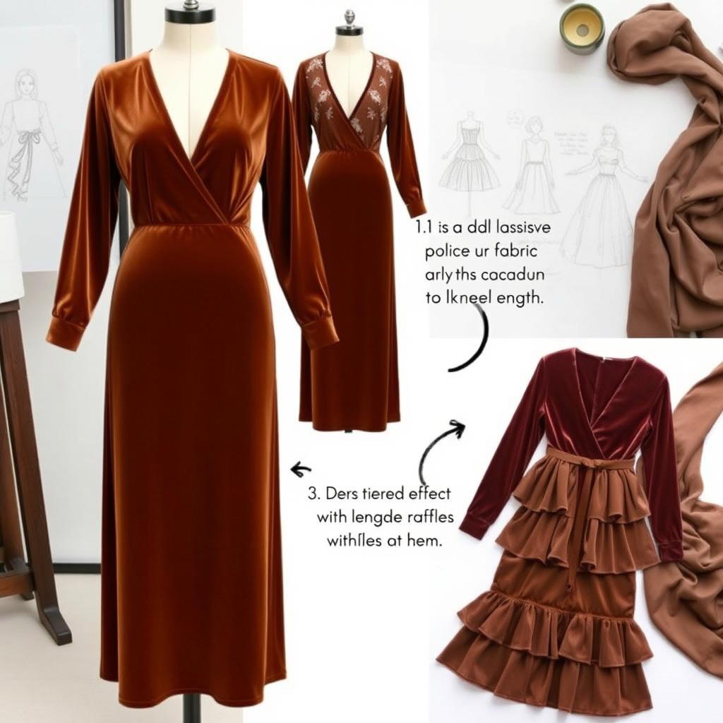 A collection of creative ideas for transforming a short, straight, above-the-knee, full-length brown velvet dress into a midi or knee-length design