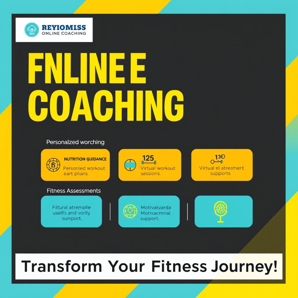 A visually appealing graphic for online fitness coaching, featuring a modern design that includes a list of services such as personalized workout plans, nutrition guidance, virtual workout sessions, fitness assessments, and motivational support