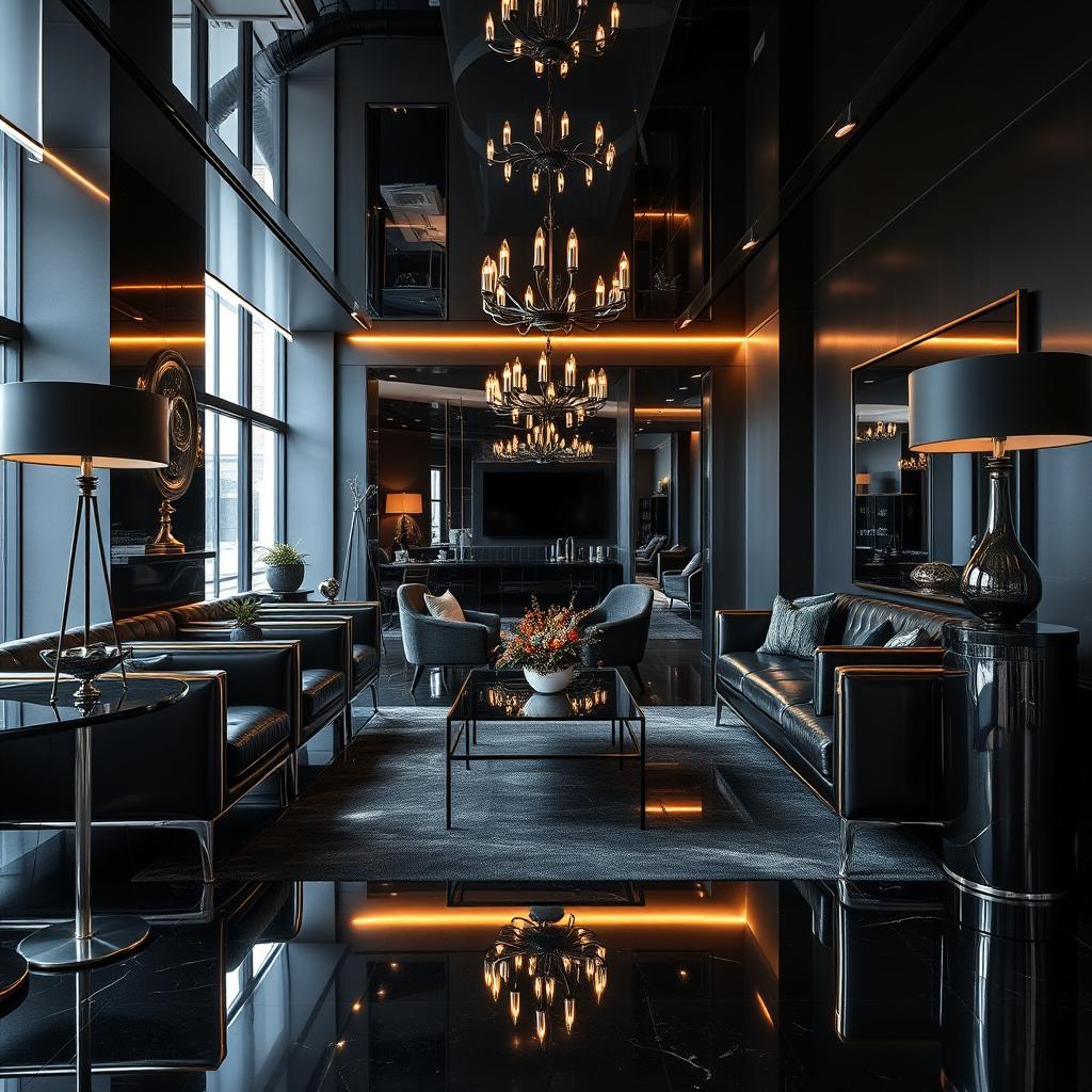 A sleek and modern interior design featuring all chrome elements in deep black