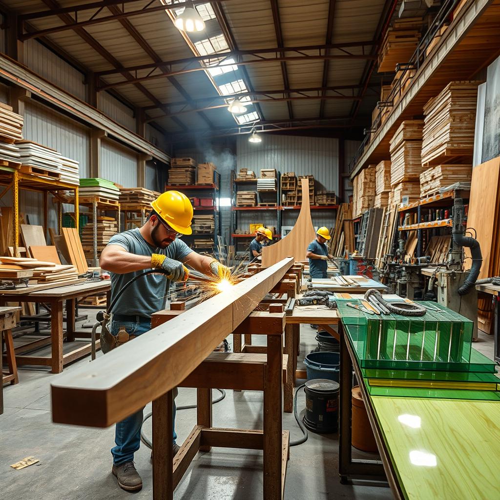 A dynamic workshop scene in Kuwait focused on heavy-duty construction, where skilled artisans are intensely crafting robust shapes using steel, wood, and acrylic materials