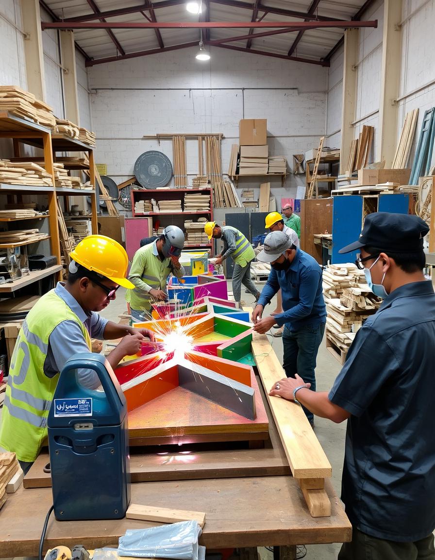 An engaging scene in a workshop in Kuwait, where skilled Indian workers are diligently crafting shapes from steel, wood, and acrylic