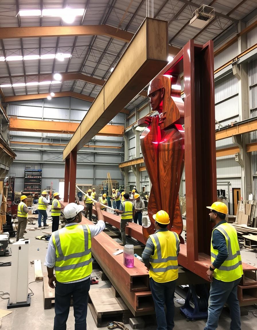 An impressive workshop scene in Kuwait dedicated to heavy-duty construction, featuring a team of Indian workers constructing large steel structures complemented by wooden and acrylic elements