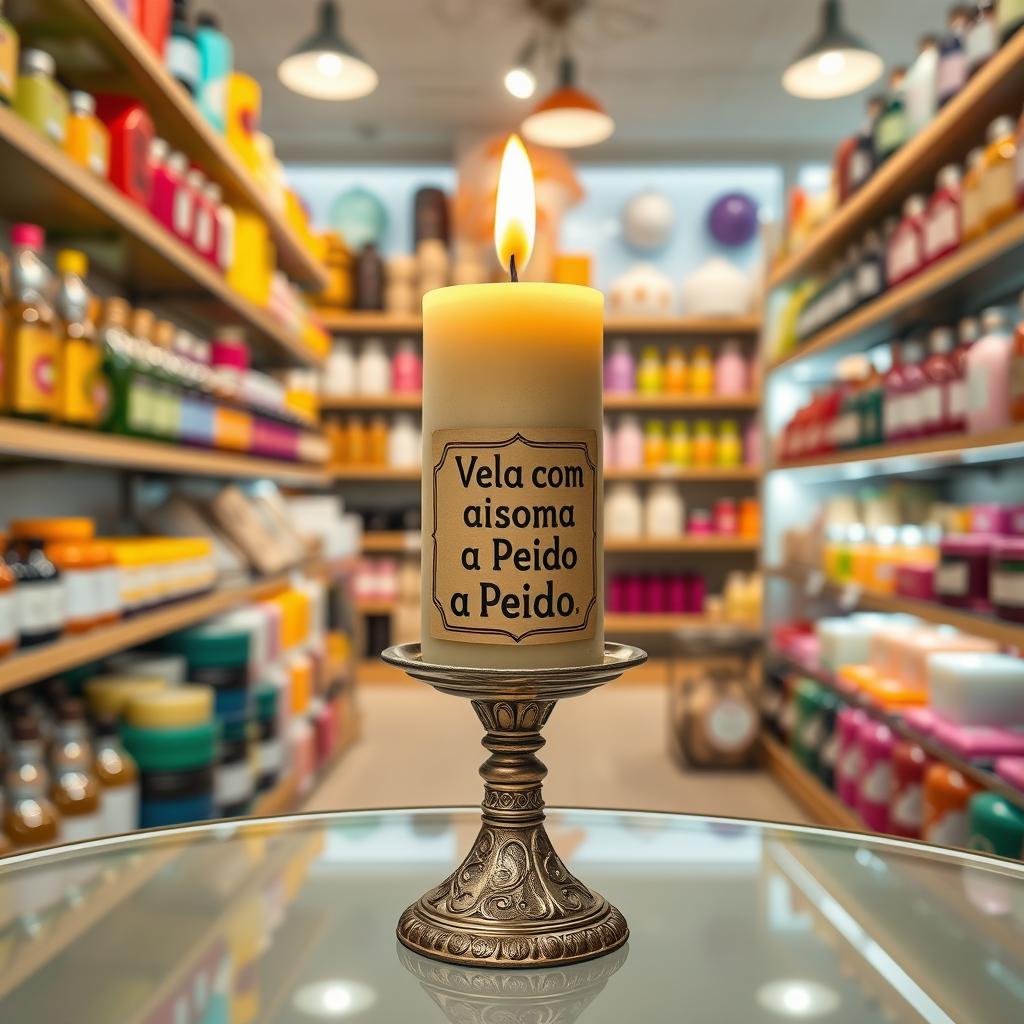 A realistic photo montage depicting a candle in an ornate candlestick placed inside a beautifully arranged store