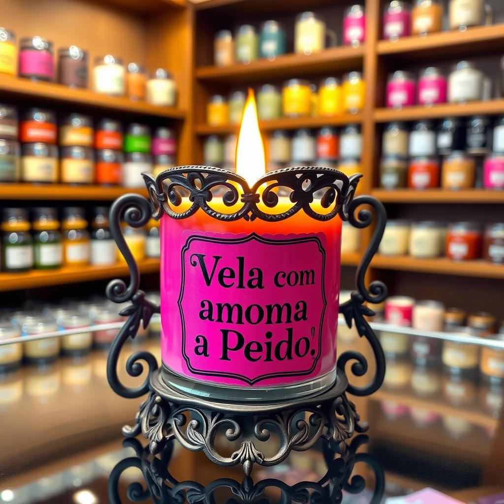 A realistic photo montage of a candle in an ornate candle holder displayed in a store