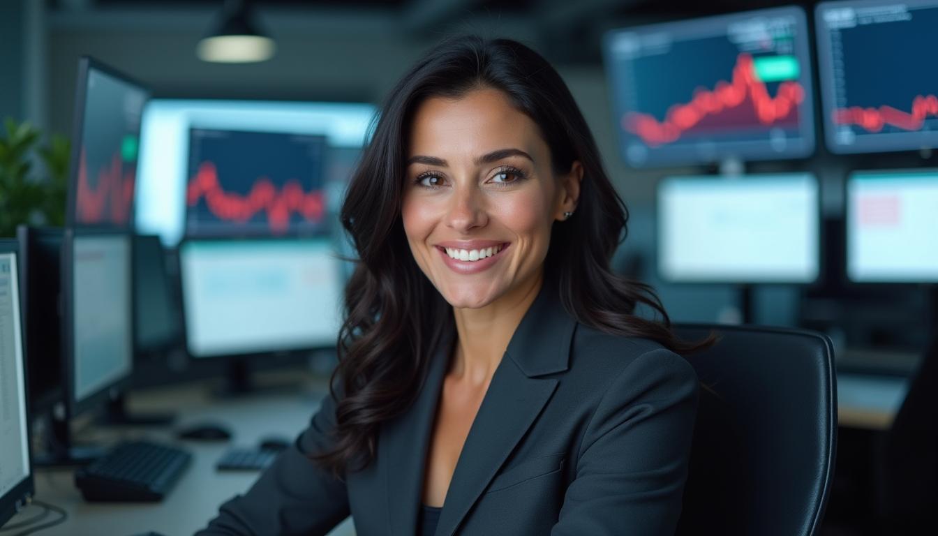A happy lady financial trader in her 40s, with dark hair and distinct features, looking directly at the camera with a warm and inviting smile