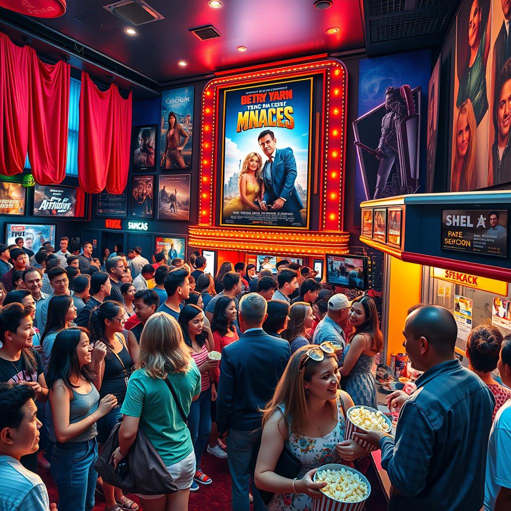 A vibrant and bustling cinema environment filled with excited moviegoers