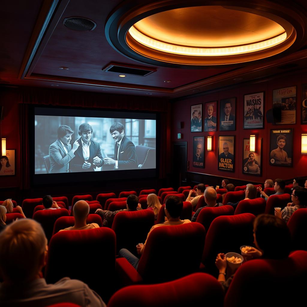 A cozy cinema interior, featuring plush red velvet seating and a large screen displaying a classic film