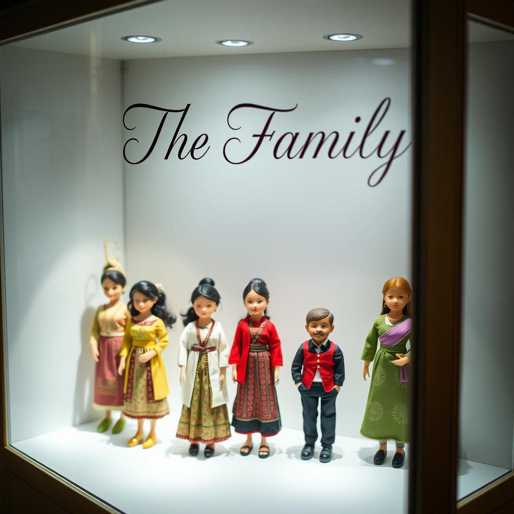 A collection of beautifully crafted doll figures displayed inside a transparent display box
