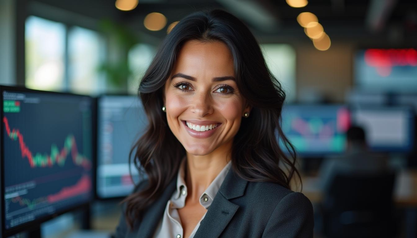 A joyful Italian lady financial trader in her 40s with striking Mediterranean features, looking directly at the camera with a warm smile