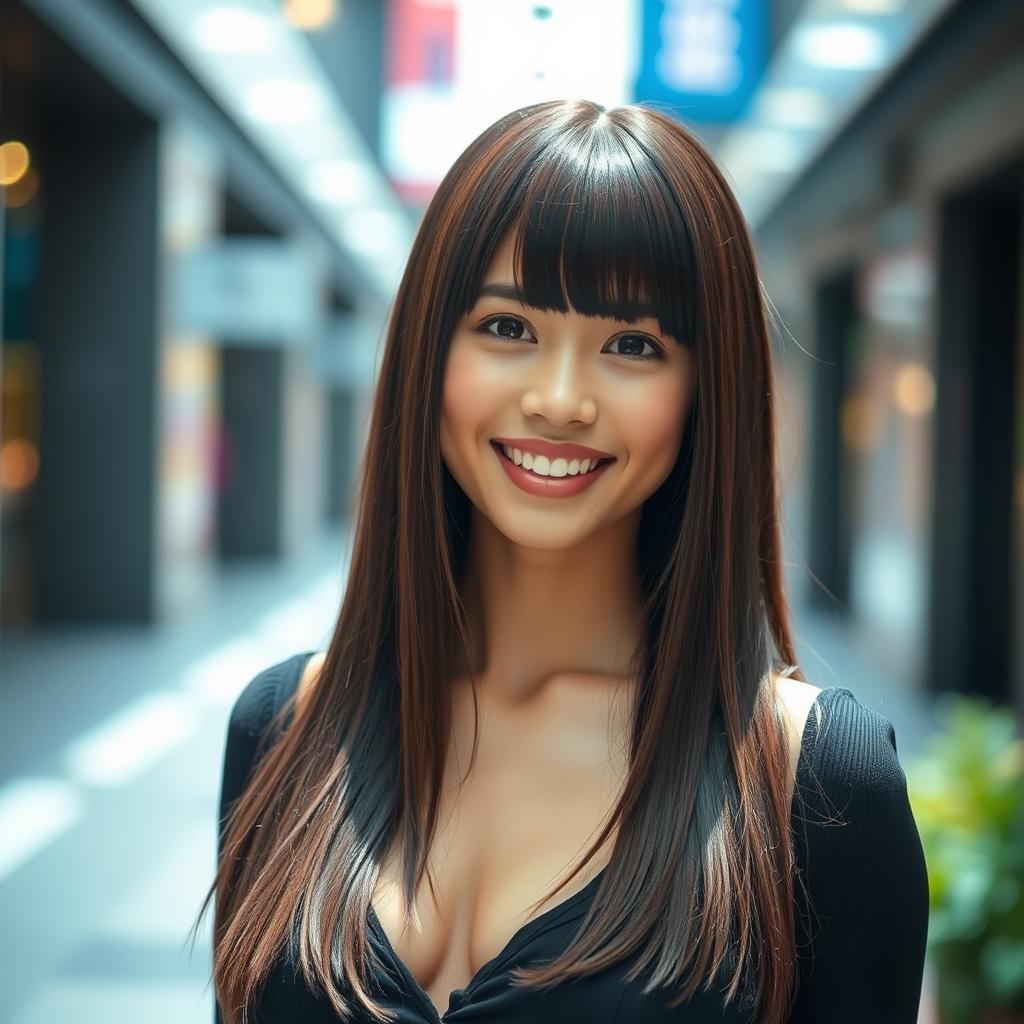 A fashionable young woman with straight, glossy hair styled in long bangs, elegantly framing her face