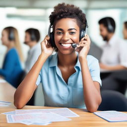 A young woman working at a call center, attentively answering a phone call while simultaneously playing bingo and celebrating a million-dollar win.