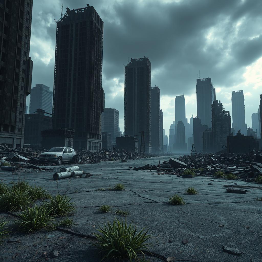 A scene depicting a desolate urban landscape filled with numerous tall, crumbling buildings surrounded by debris and wreckage