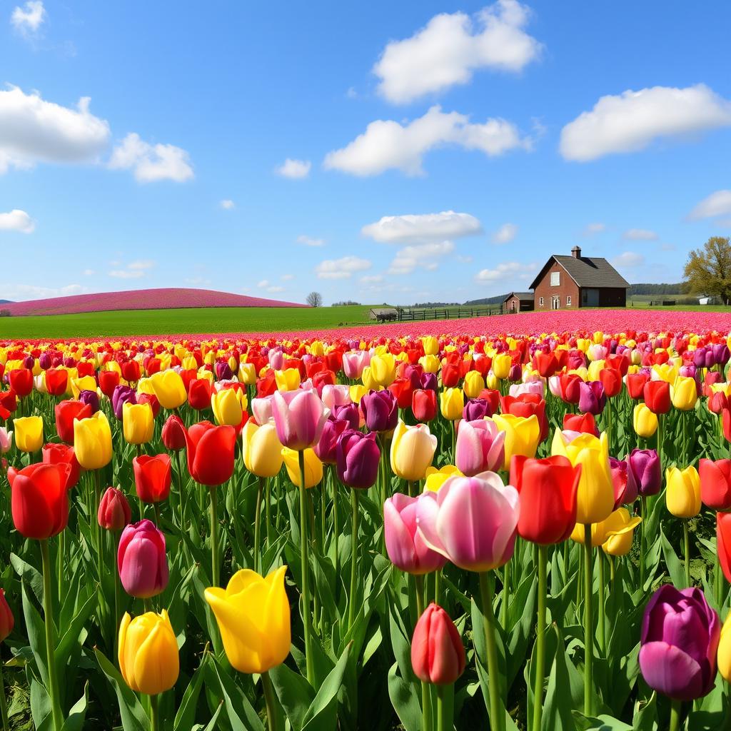A vivid and colorful tulip field in full bloom, showcasing an array of tulips in various hues including red, yellow, pink, and purple