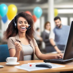 A young woman working at a call center, attentively answering a phone call while simultaneously playing bingo and celebrating a million-dollar win.