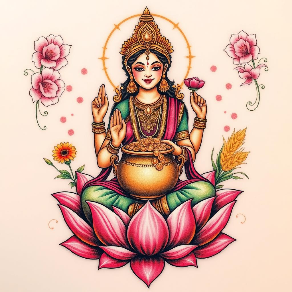 A beautiful tattoo design featuring the goddess Lakshmi, smiling serenely as she sits gracefully on a lotus flower