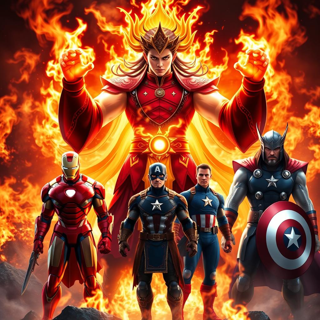Ne Zha, the Chinese mythical hero, standing in a dramatic pose surrounded by flames, his fiery aura illuminating the scene