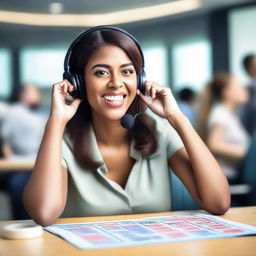 A young woman working at a call center, attentively answering a phone call while simultaneously playing bingo and celebrating a million-dollar win.