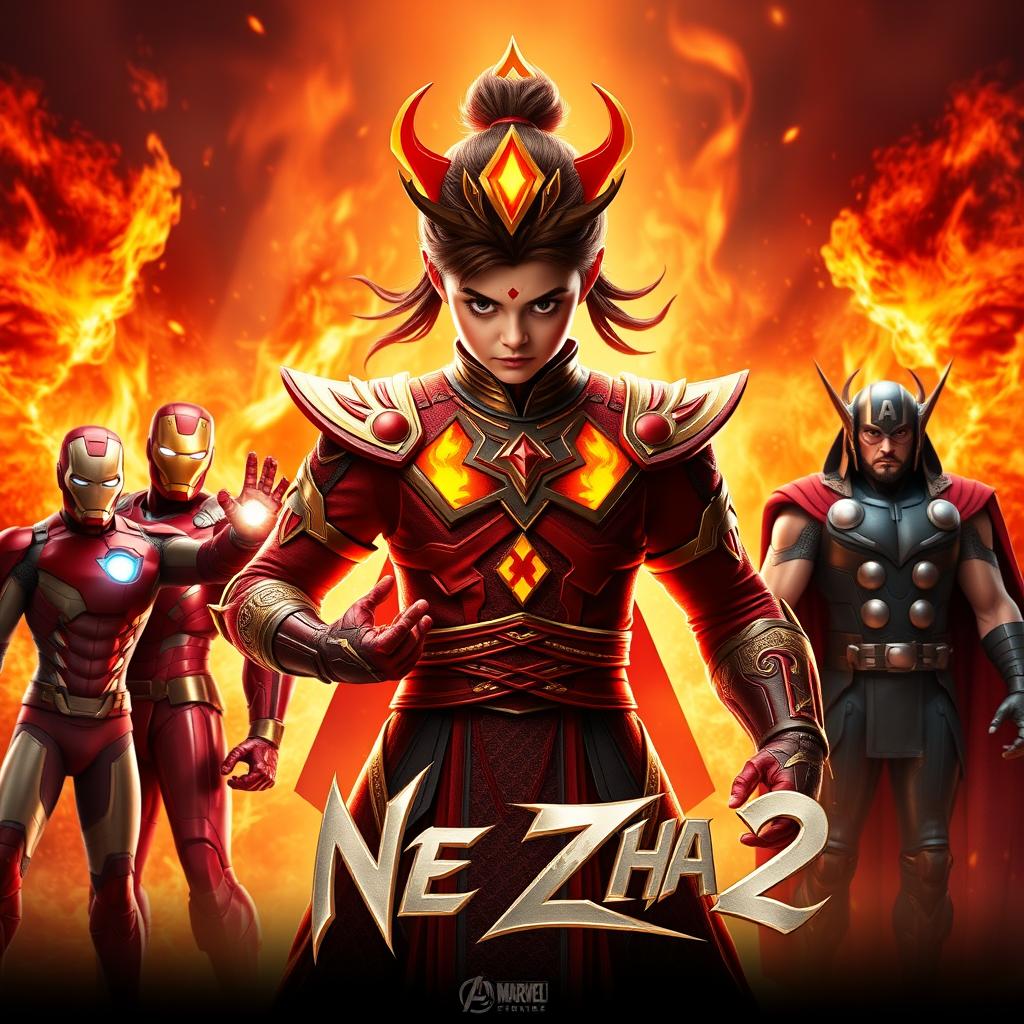 Ne Zha from 'Ne Zha 2', portrayed in a powerful stance amidst vibrant flames, showcasing his youthful energy and fierce determination
