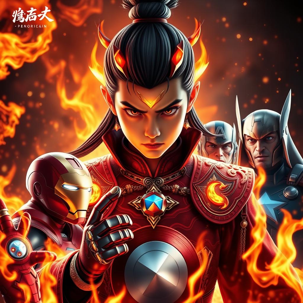 Ne Zha from 'Ne Zha 3', depicted in an intense pose surrounded by roaring flames, his youthful features radiating power and determination